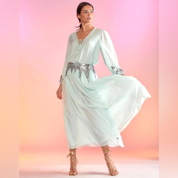 Cynthia Rowley Mint Green/Blue Silk Peasant Skirt  (ONLY) w/ Sequins Sz 2, NWT - Picture 5 of 8